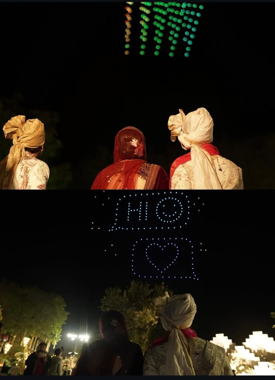 SkyLit Drone Show – Taj Mahal formation at Indian wedding, guests watching